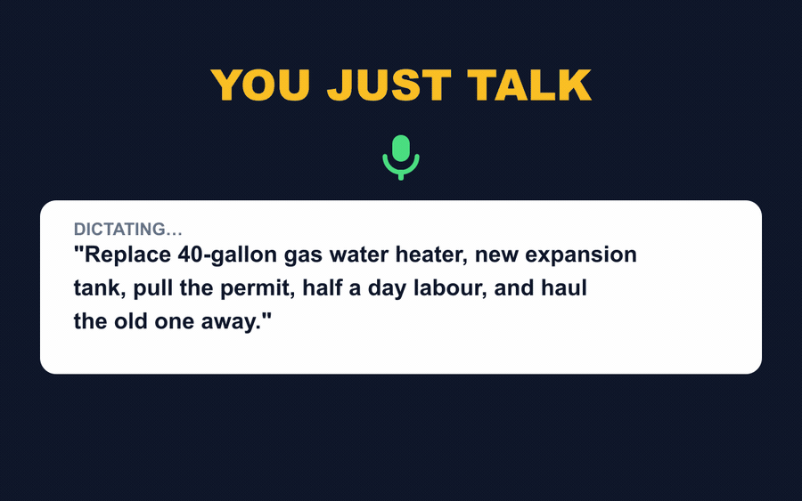 QuoteFlow turning a spoken job description into a priced quote totalling $2,550